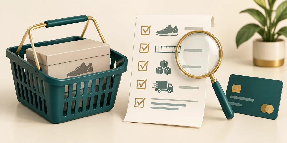 A shopping basket is checked against item, size, quantity and delivery details.