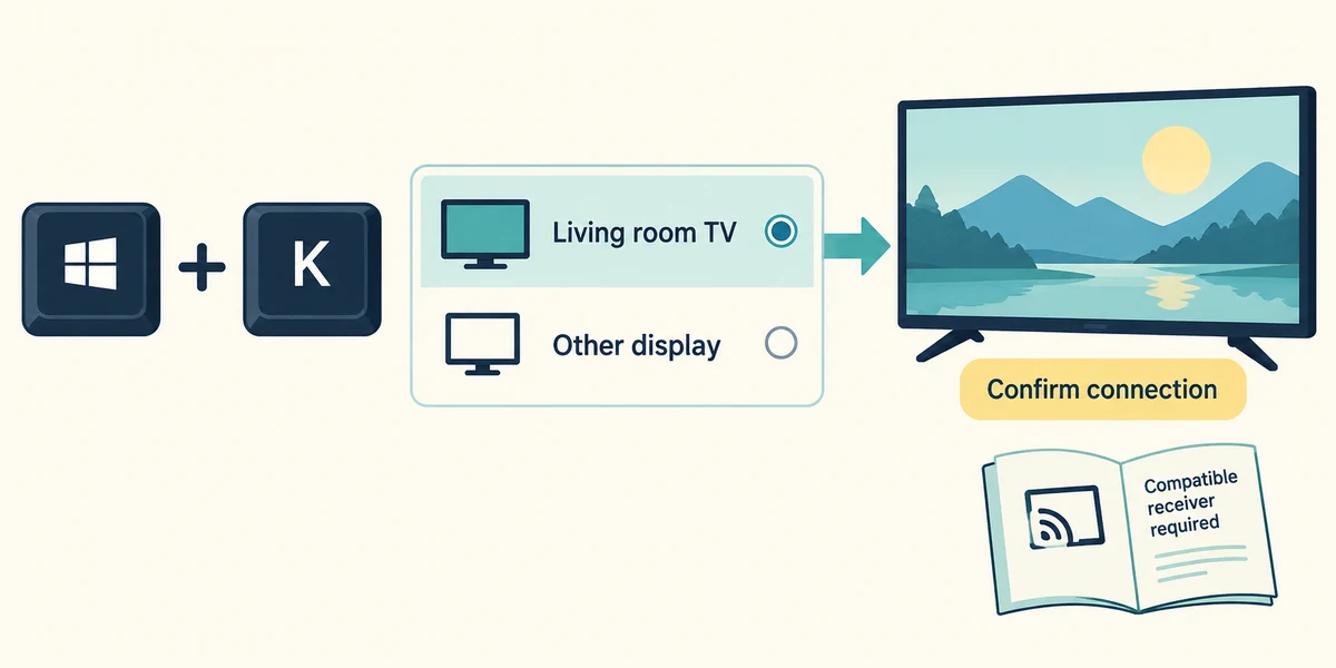 Use Windows and K for a supported display, choose the recognised receiver and confirm on it.