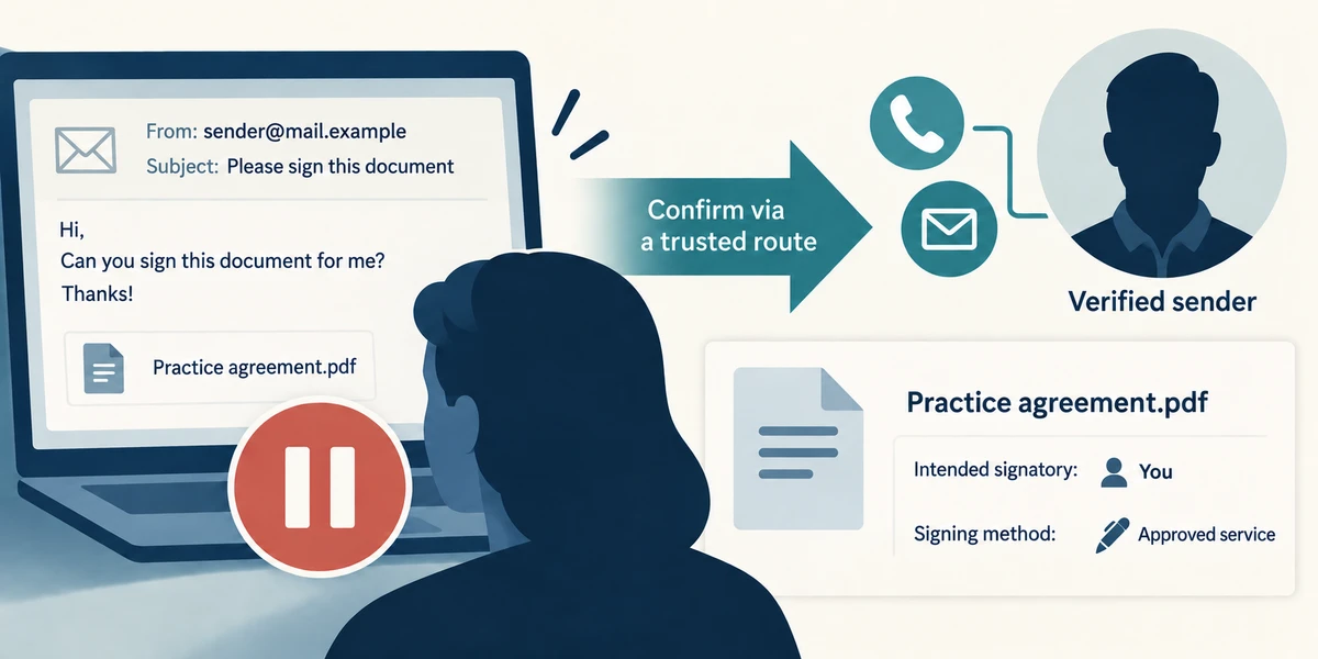 Verify the sender through a trusted route before signing.