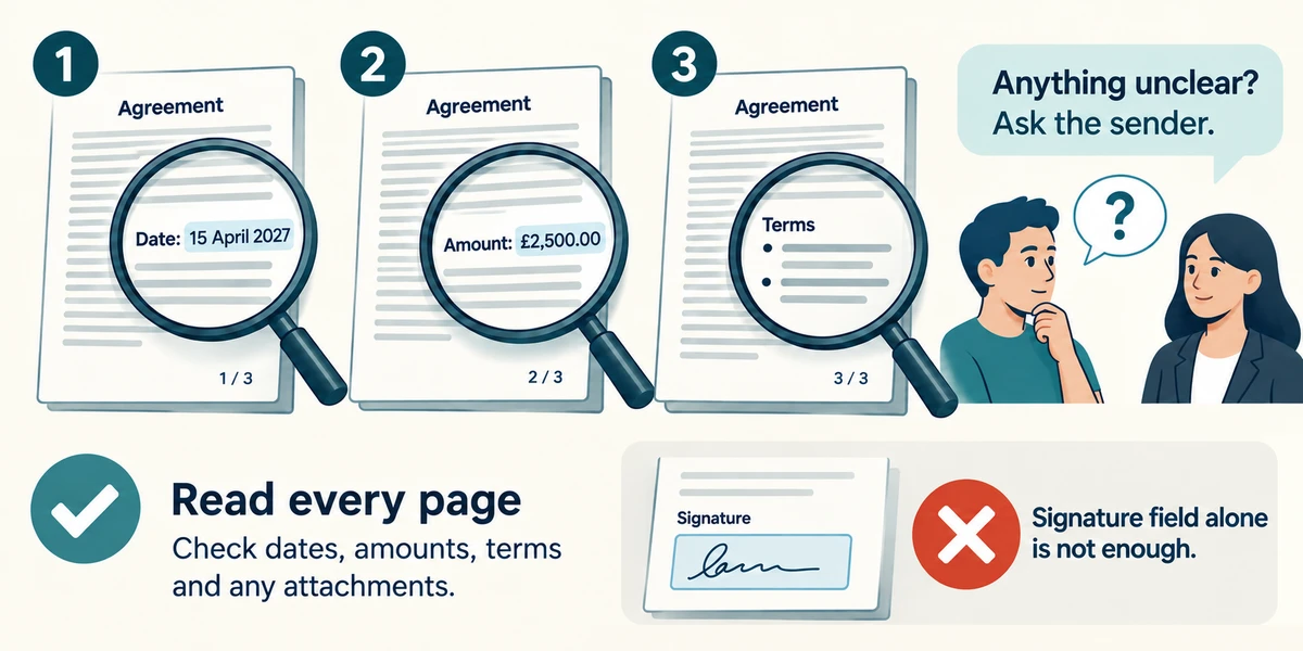 Read all pages and check dates, amounts and terms.