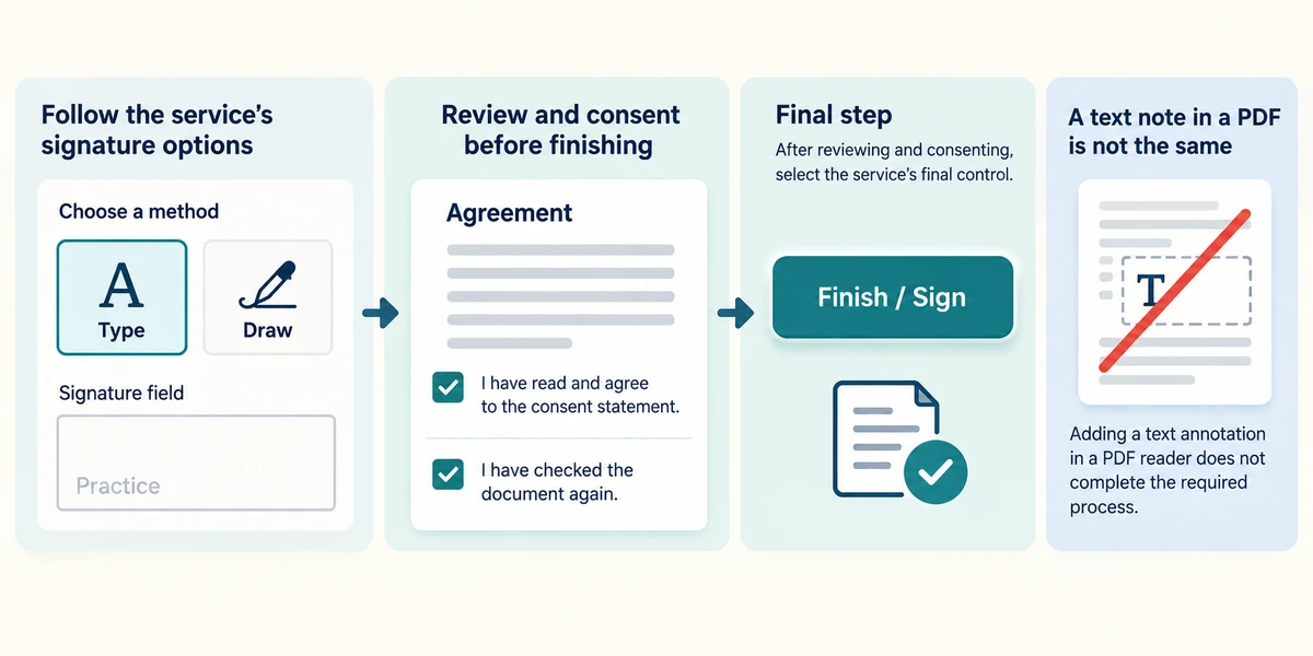 Follow the service signature method and review consent before finishing.