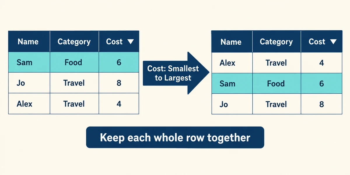 Sorting costs from smallest to largest moves entire rows, keeping every person's category and amount together.