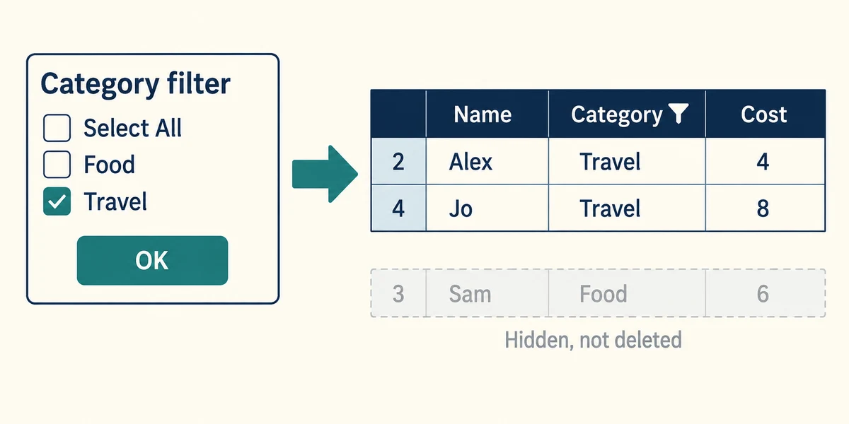 Filtering to Travel hides the Food row without deleting it; gaps in row numbers reveal the reduced view.