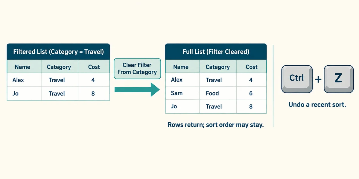 Clearing the category filter brings all rows back but does not necessarily reverse the previous sort.