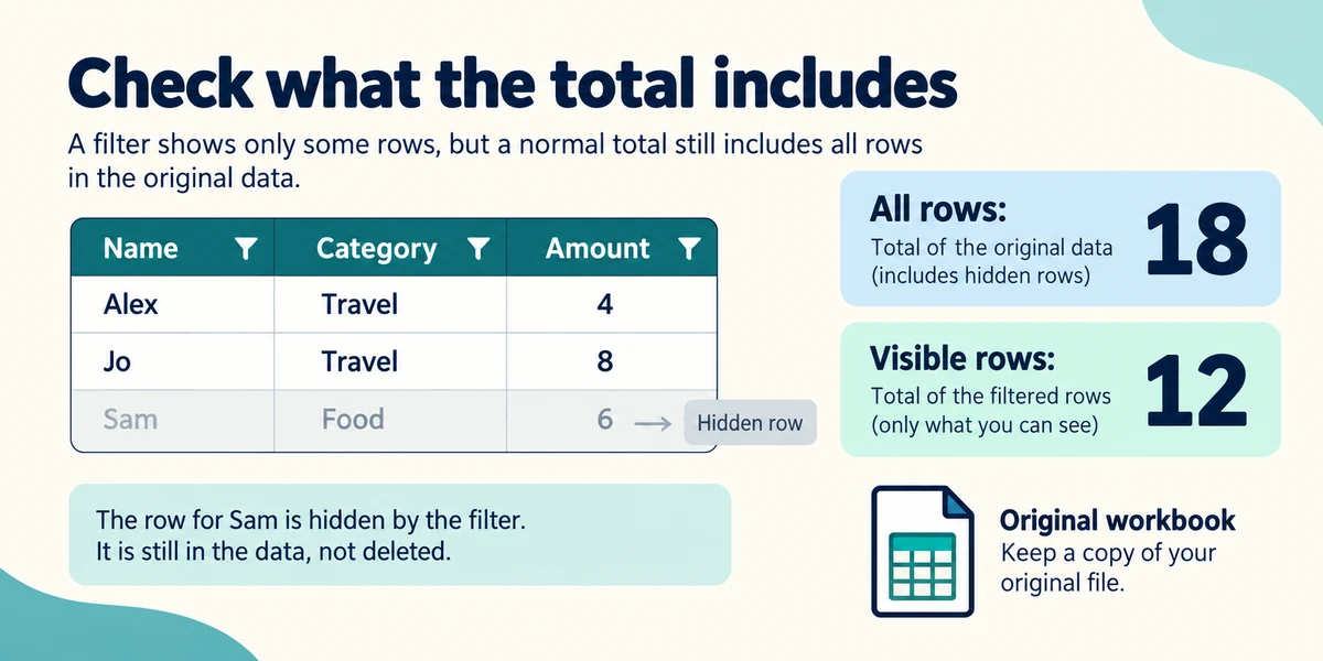 A filtered list can hide a row while a total still includes its value.