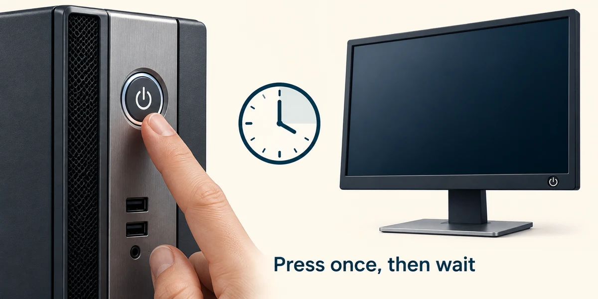 A finger presses a desktop power button once, beside a waiting symbol and a monitor with its own power button.