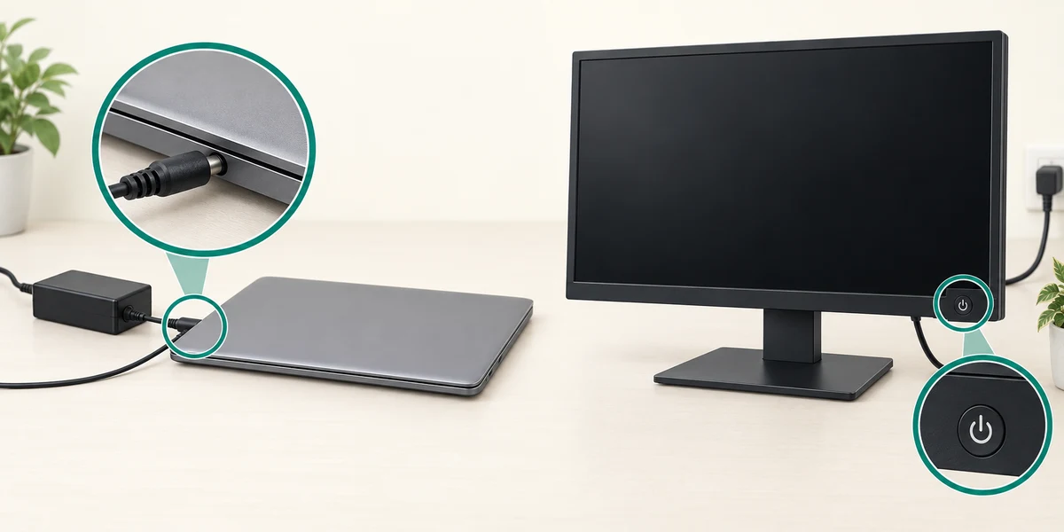 A matched laptop charger and a separate monitor power button are highlighted.