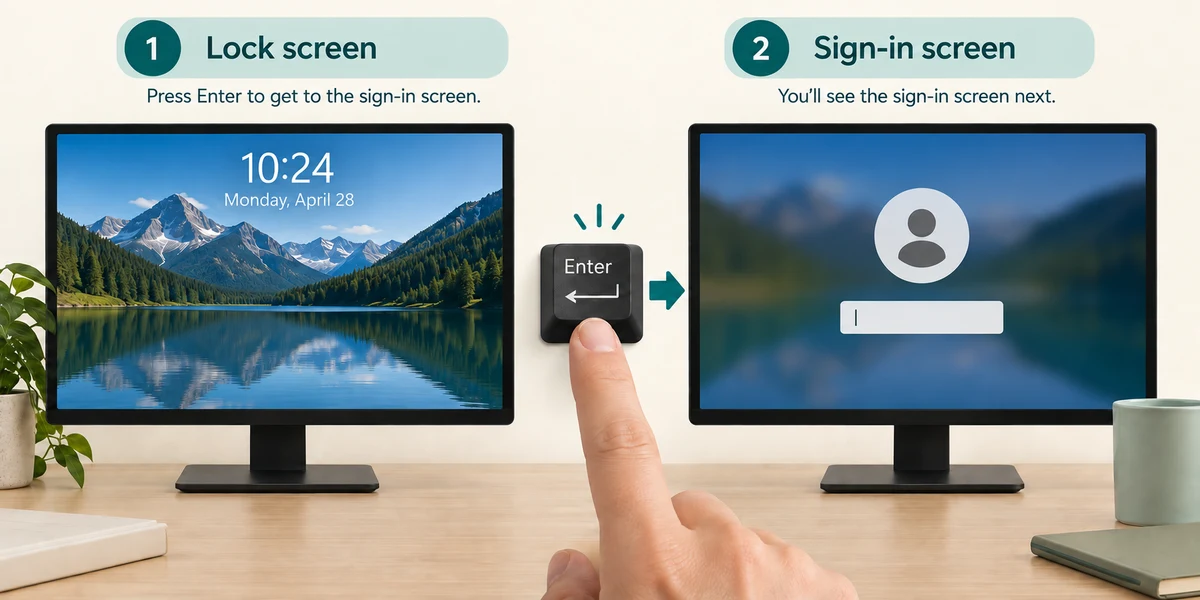 An Enter key reveals sign-in from a lock screen without showing any personal credentials.
