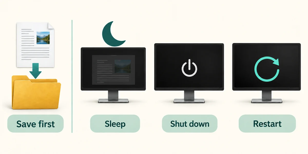 Saving a document is shown before the separate choices Sleep, Shut down and Restart.