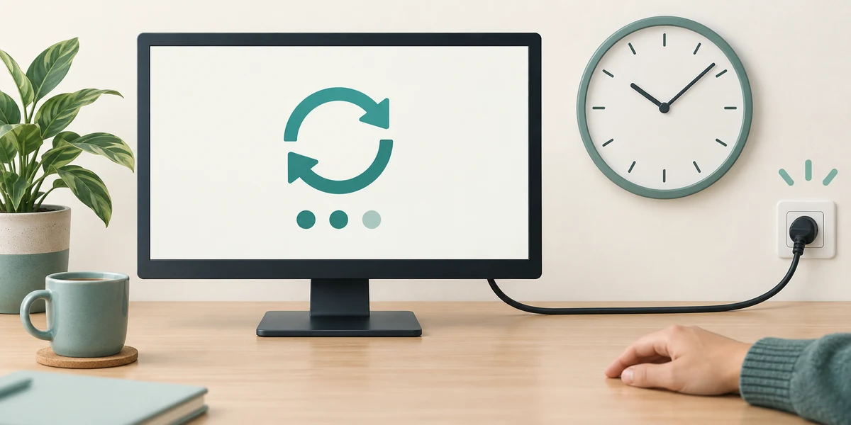 A computer remains connected to power while an update and clock indicate waiting.