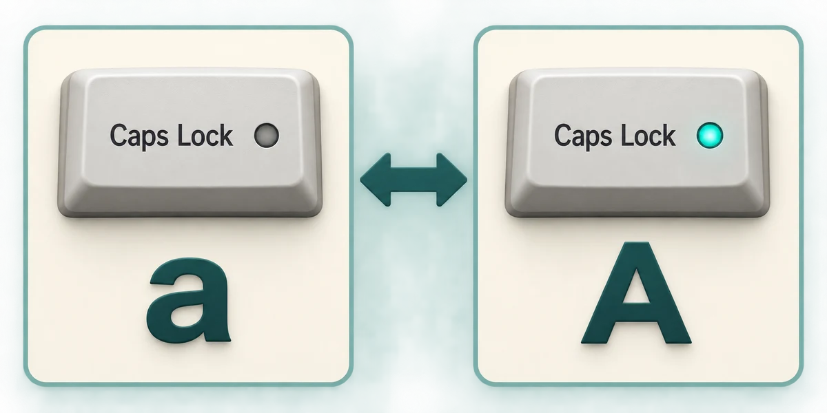Caps Lock switches between lowercase a and uppercase A, with an example indicator off and on.