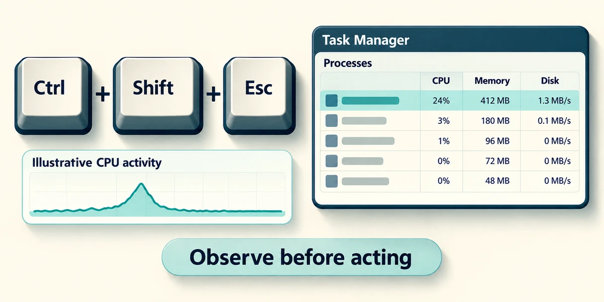 Observe CPU, Memory and Disk usage before acting.