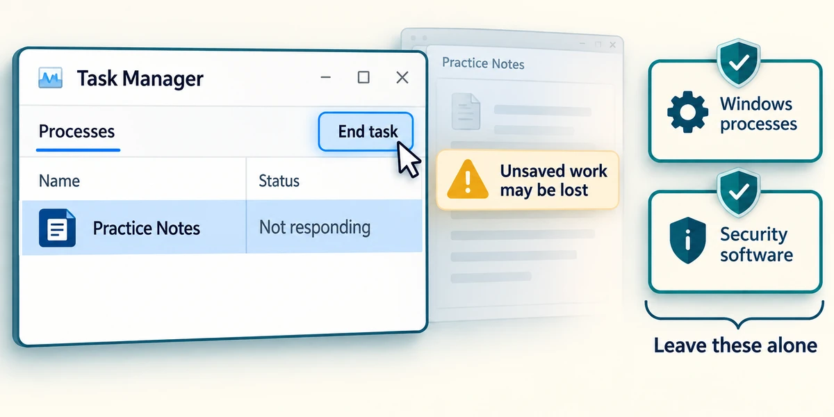 A known unresponsive app is selected in Task Manager, with End task in the top toolbar and a warning about unsaved work.