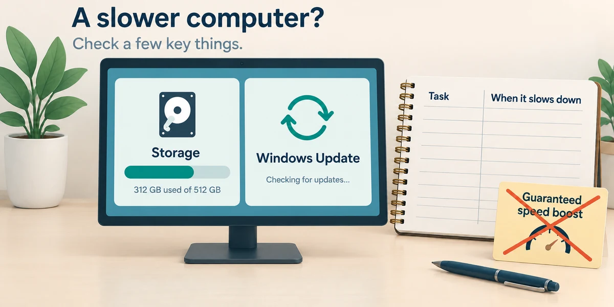 Storage and Windows Update checks beside a notebook for recording slow tasks, with a guaranteed-speed advertisement crossed out.