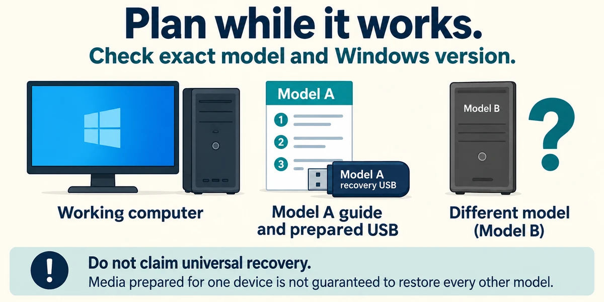 Recovery media prepared for Model A is shown beside Model B with a question mark; compatibility must be checked.