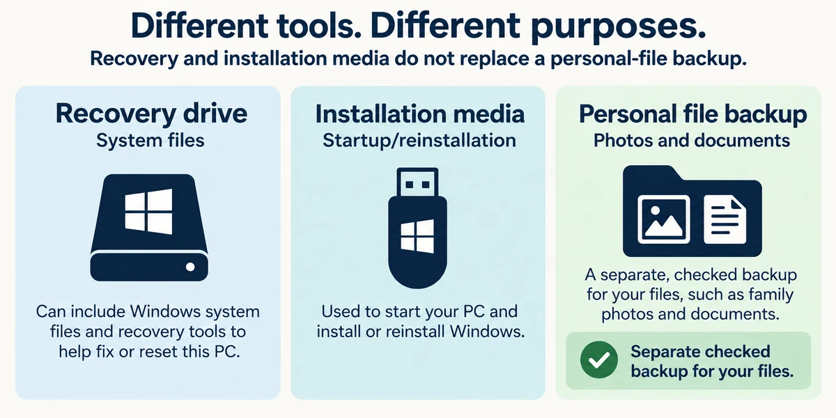 Recovery drive, installation media and personal-file backup are separate tools; photos and documents need their own checked backup.