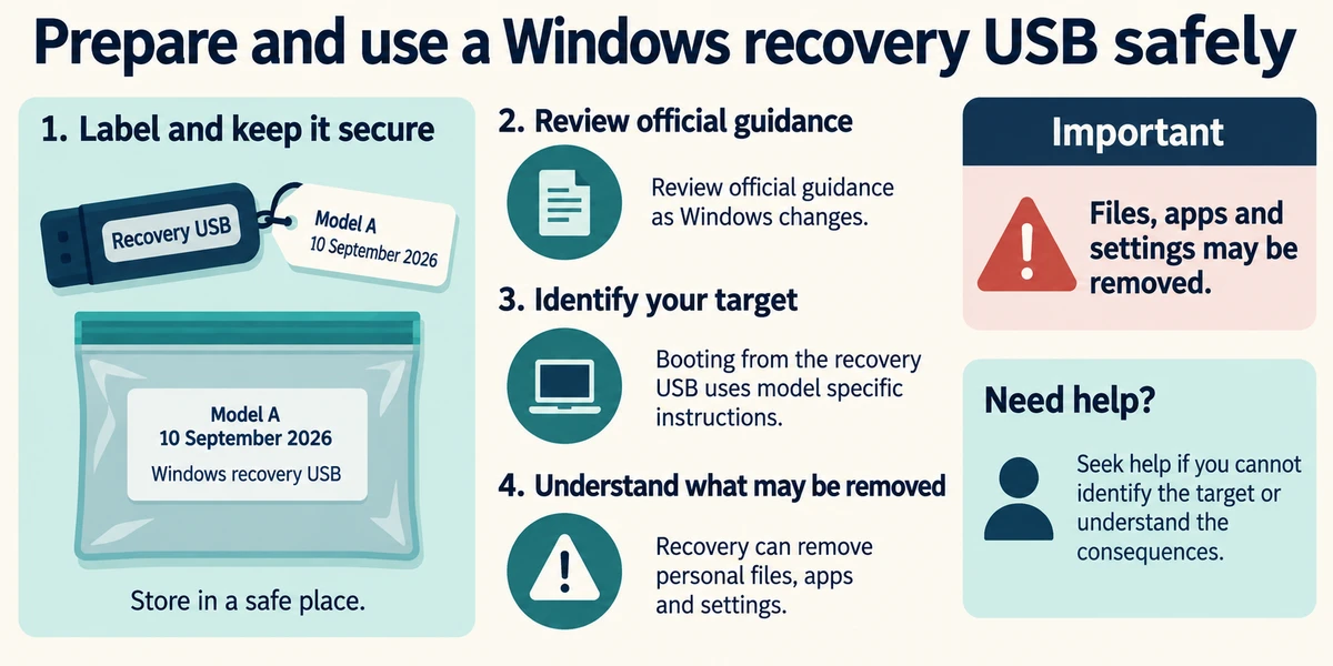A recovery USB is labelled with its device and date, alongside checks of guidance, target device and what recovery may remove.