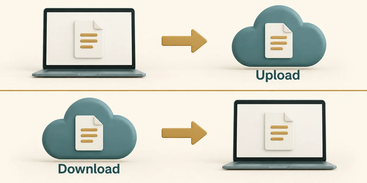 Upload sends a file from device to cloud; download brings a file from cloud to device.