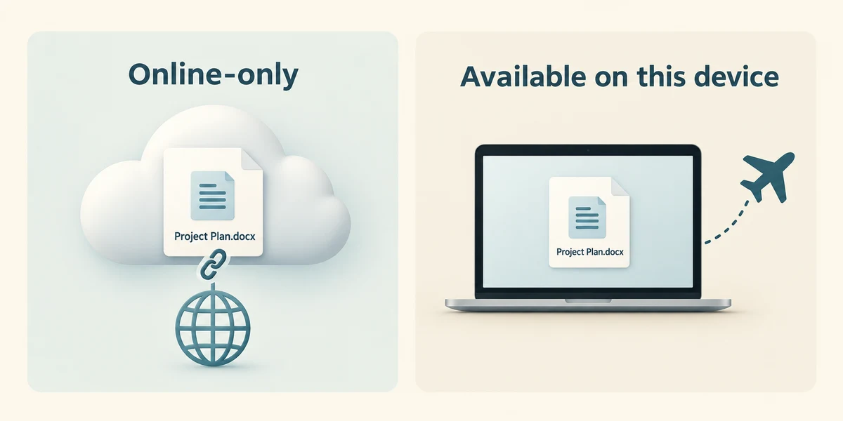 An online-only file needs a connection, while a downloaded file is available on its device.