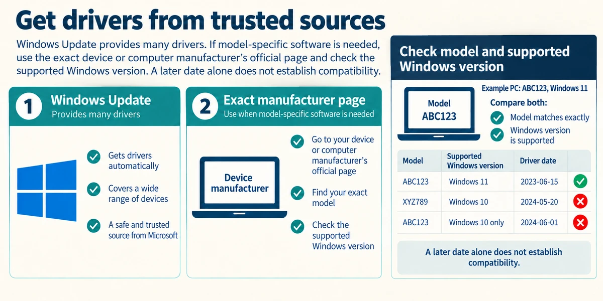 Windows Update and the exact manufacturer’s support page are driver sources; model and supported Windows version must match.