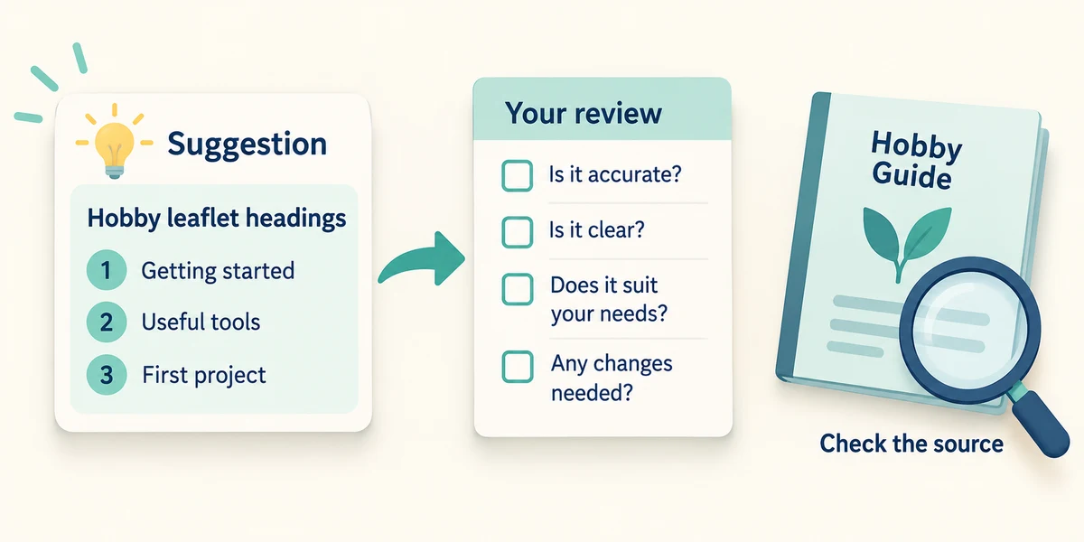 An AI suggestion for hobby leaflet headings is treated as a draft to check rather than a verified quotation.