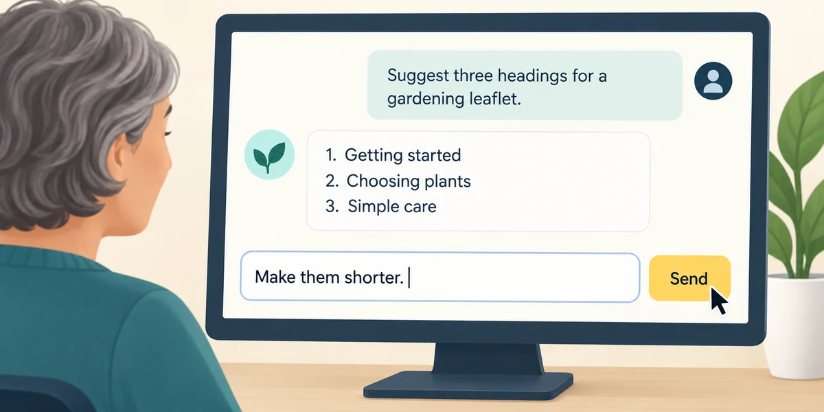 An AI chat receives a clear gardening request and a short follow-up through the labelled Send control.