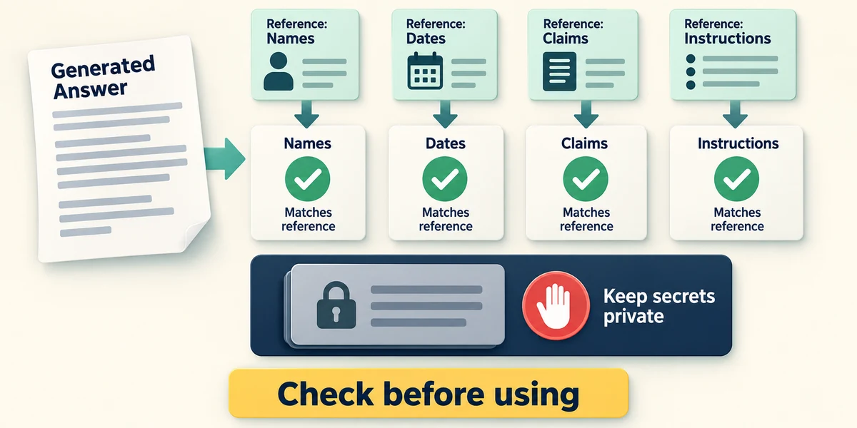 Names, dates, claims and instructions in an AI answer are checked against evidence while secrets stay private.