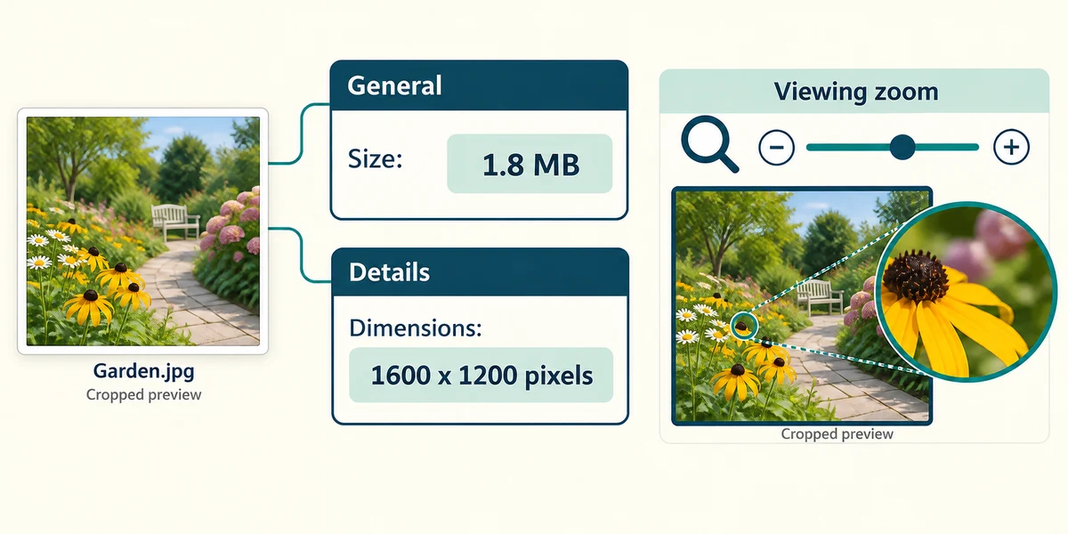 File bytes, pixel dimensions and viewing zoom describe different things.