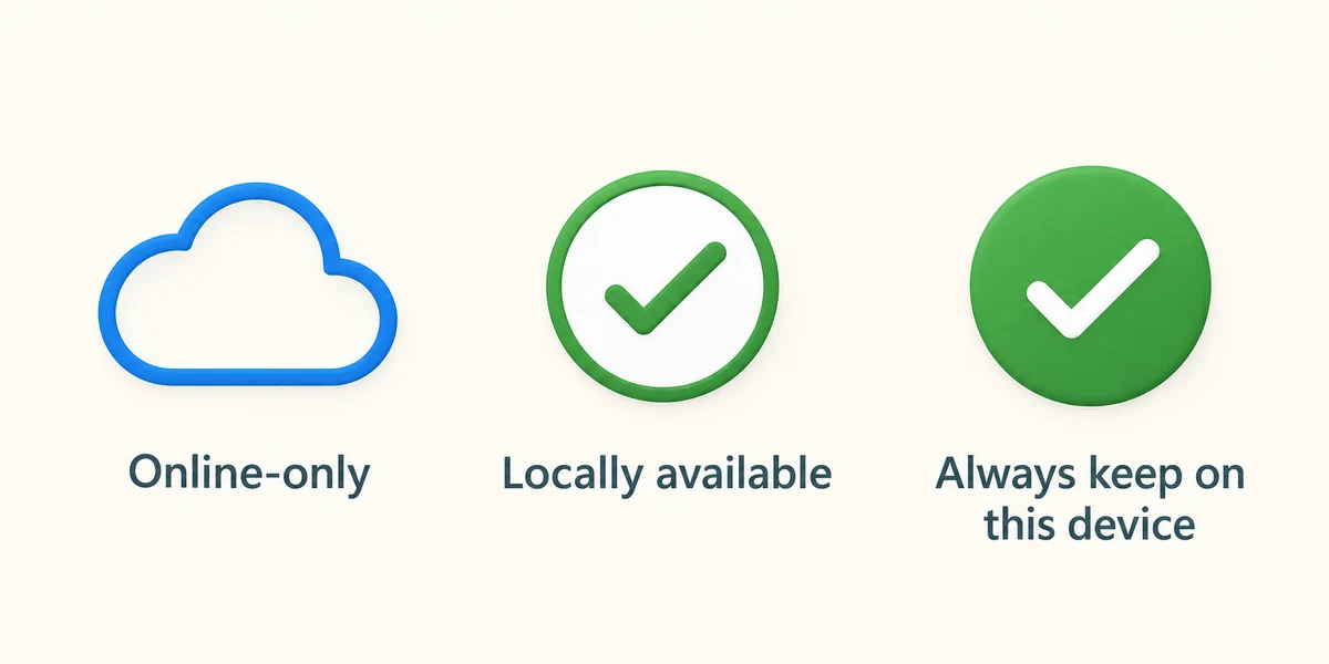 OneDrive status symbols distinguish online-only, locally available and always kept on this device.