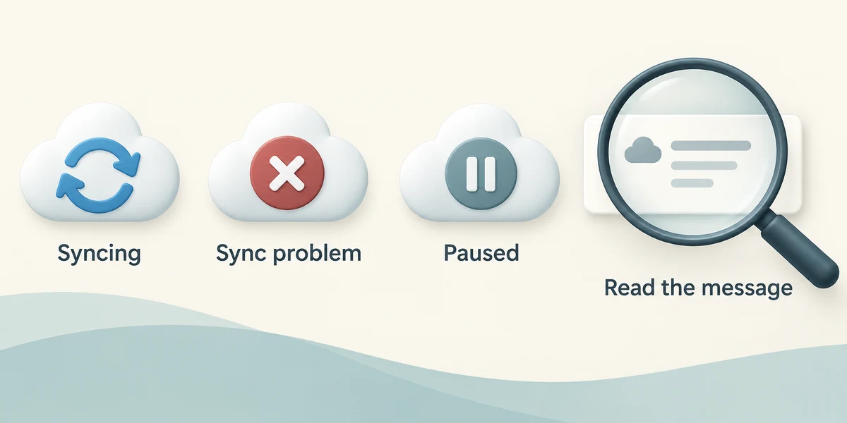 Syncing, sync problem and paused symbols prompt the learner to read the status message.