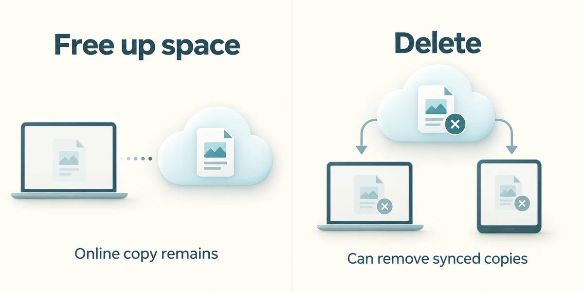 Free up space retains the online copy; Delete can remove copies across synced devices.