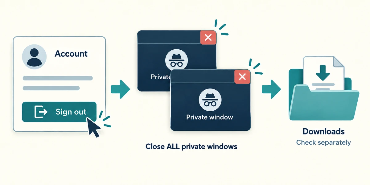 Sign out and close all private windows; check downloads separately.