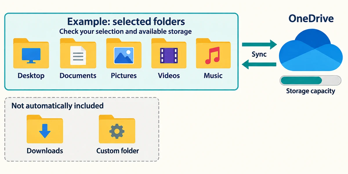 Selected folders use OneDrive storage; other folders are not automatically included.
