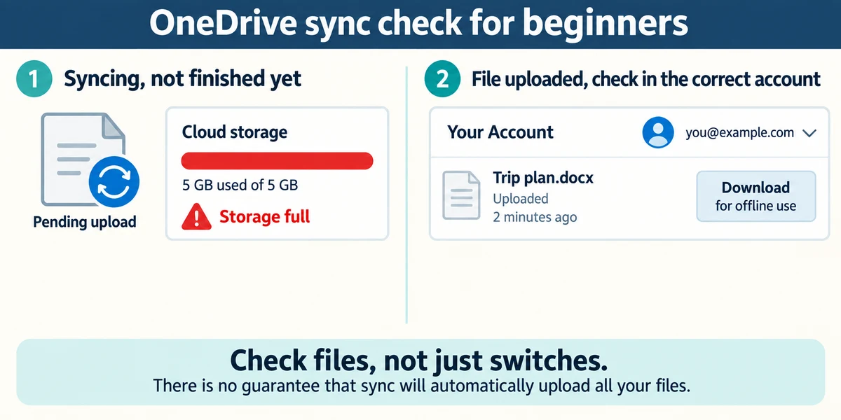 Pending cloud uploads and a full storage warning compared with checking an uploaded file in the correct account.