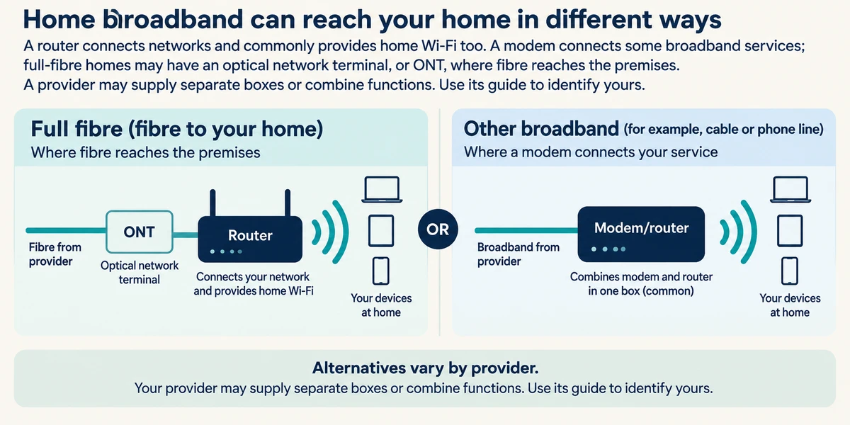Alternative broadband routes show full fibre through an ONT to a router, or another service through a modem/router, reaching home devices.