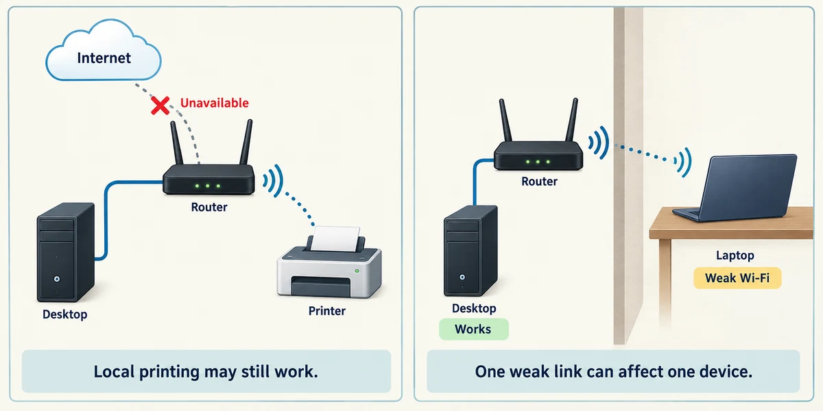 A local network can still work without internet; one weak Wi-Fi link can affect only one device.