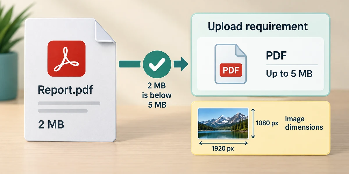 A PDF file size is compared with an upload limit, separately from picture dimensions.