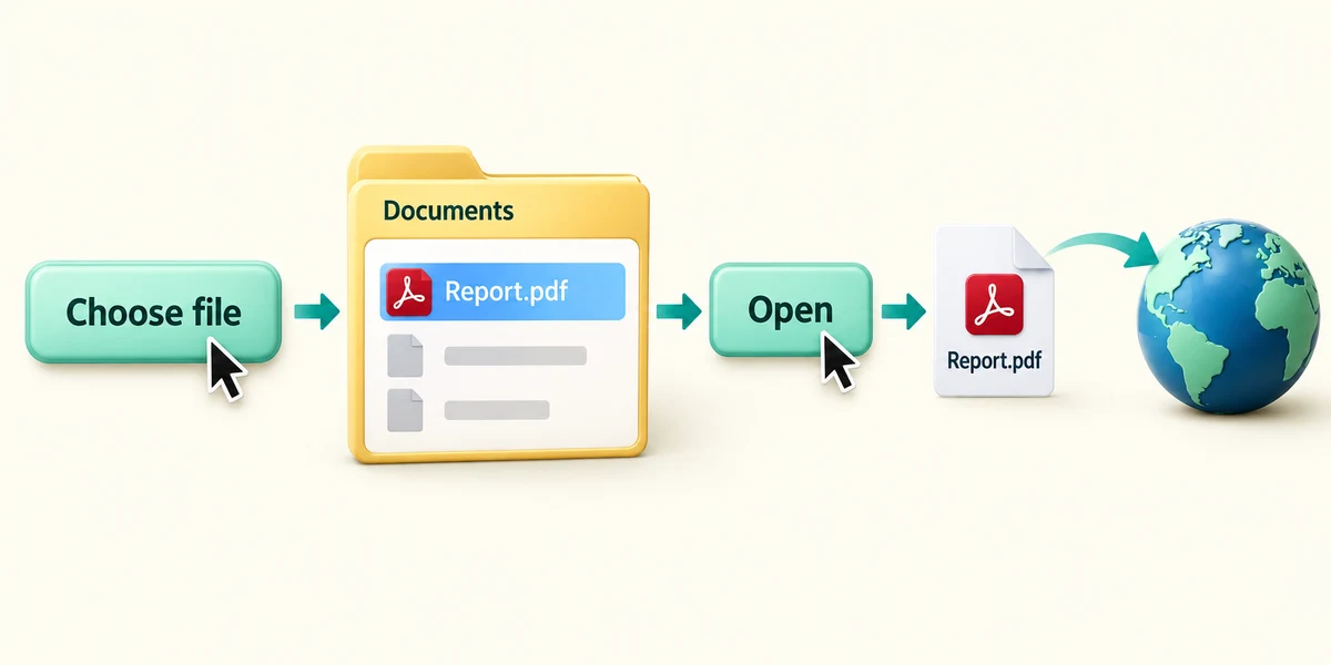 Choose file leads to selecting Report.pdf in Documents and passing it to the website.