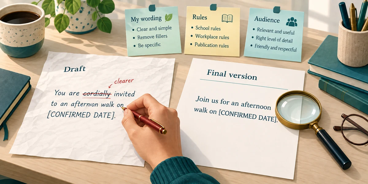Review the wording, applicable rules and audience of the final version yourself.