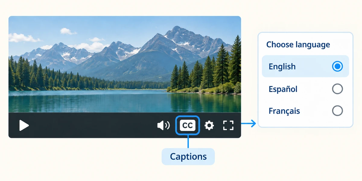 Illustrated CC captions control beside available language choices in a generic video player.