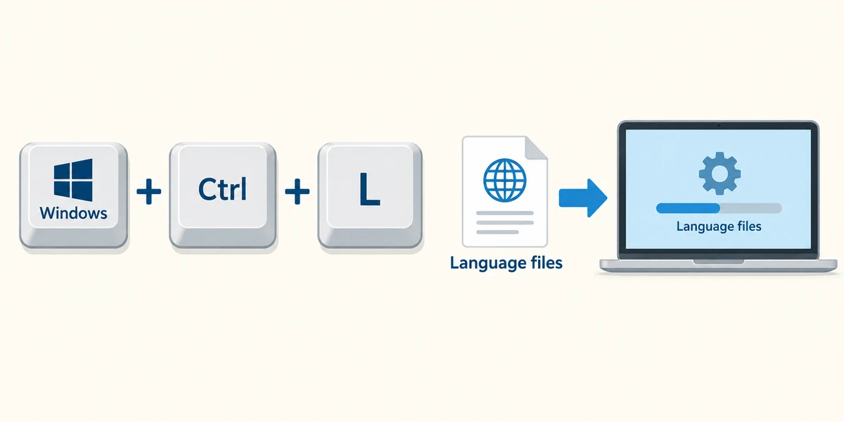 Separate Windows, Ctrl and L keycaps beside language files being prepared on a computer.