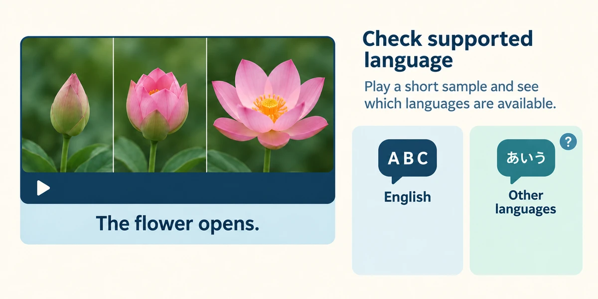 A short flower-opening video illustrates checking a sample and available caption languages.