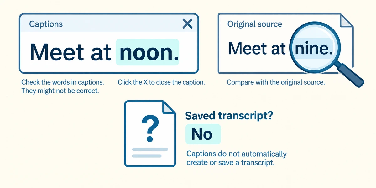 A caption saying noon is compared with the source saying nine, beside a close X and a reminder that captions are not an automatically saved transcript.