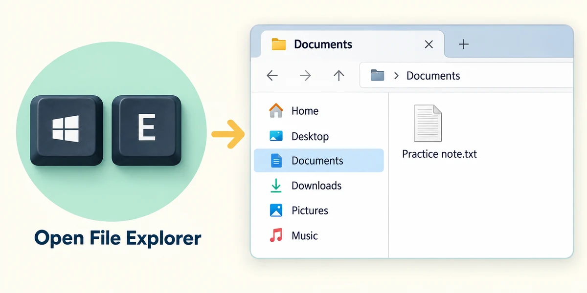 Windows and E open File Explorer, with Documents selected and its address confirmed.