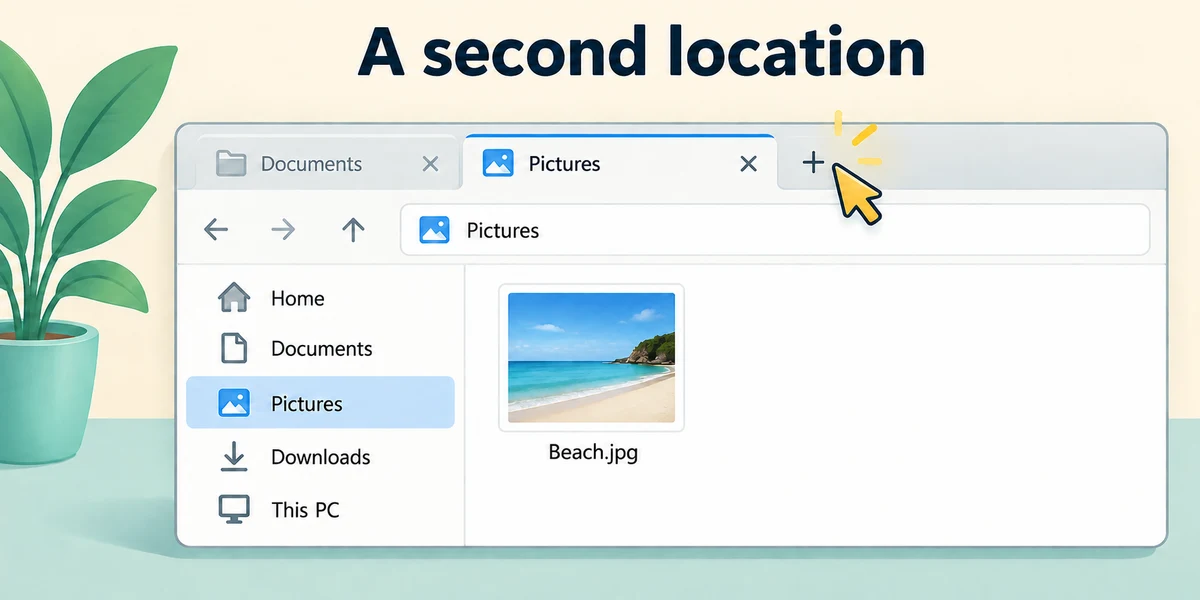 A second File Explorer tab shows Pictures while Documents remains available in the first tab.