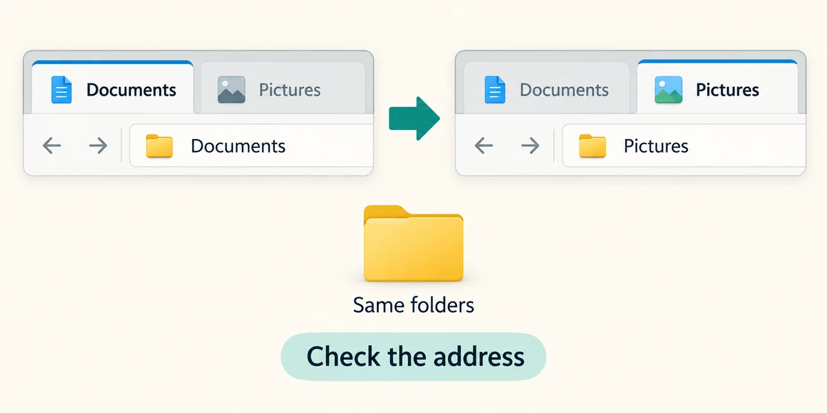 Switching between Documents and Pictures tabs changes the visible address without duplicating folders.