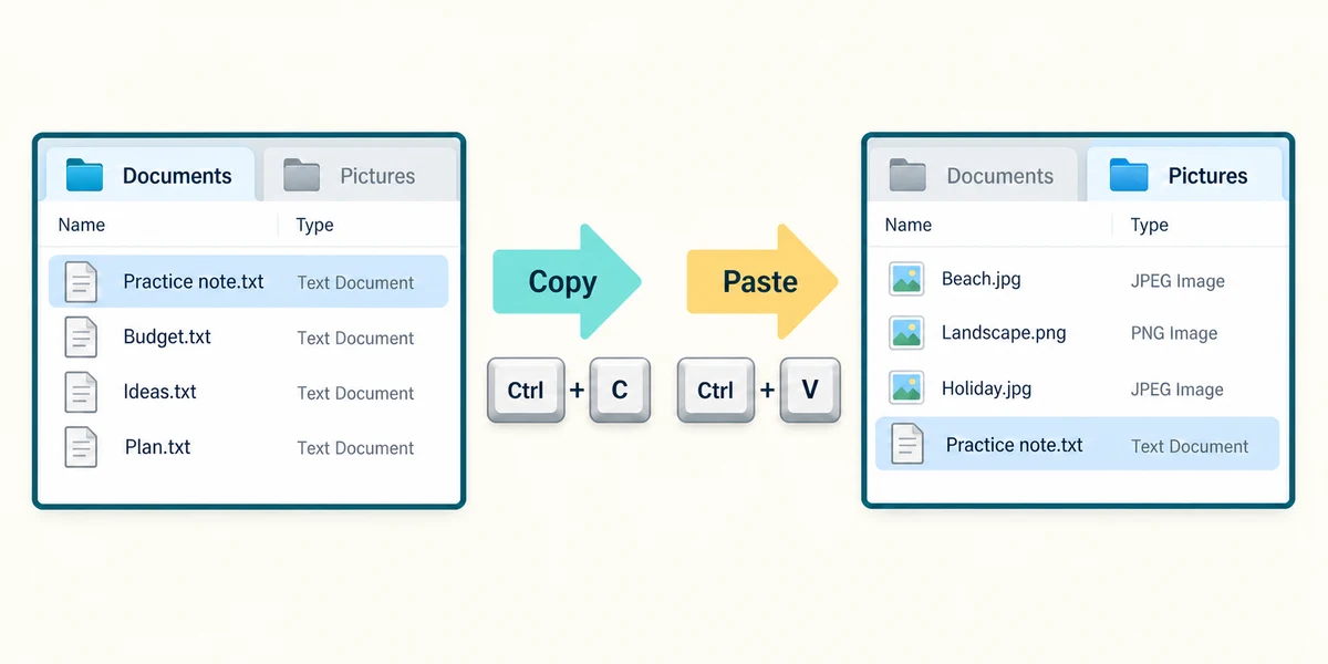 Practice note.txt is copied from Documents into the Pictures tab using Ctrl+C and Ctrl+V.