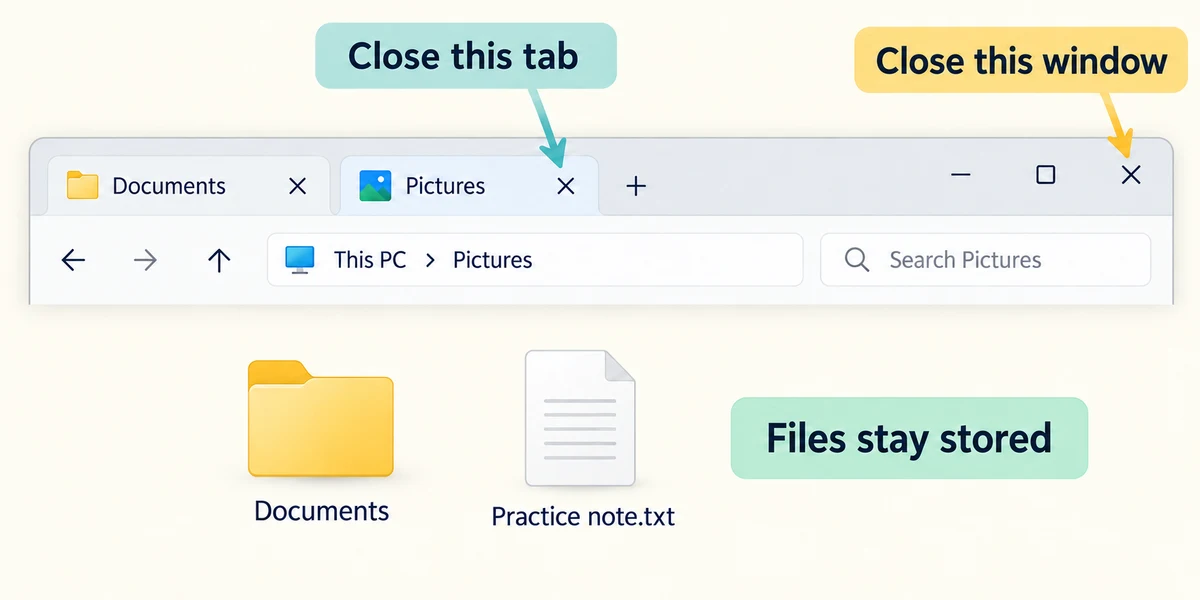 The tab X closes one view, while the top-right window X closes Explorer and leaves files stored.