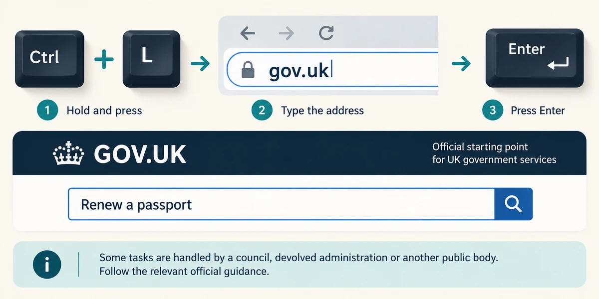Type gov.uk into the address bar before searching for a government task.