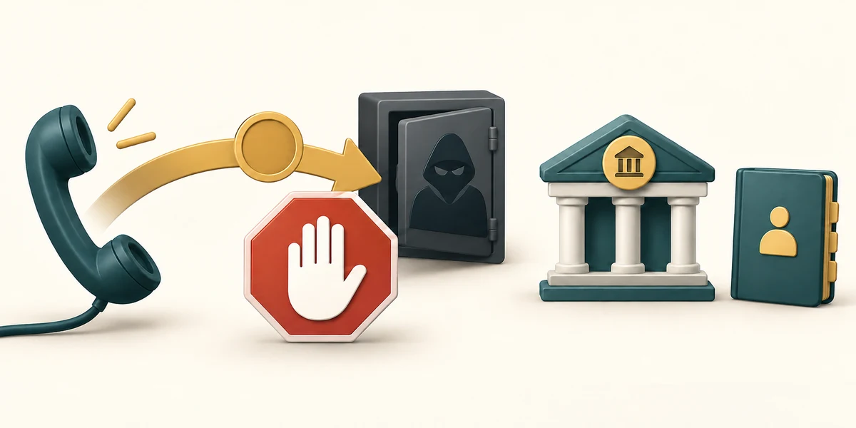 A caller's diverted money request is stopped beside an independent bank contact route.
